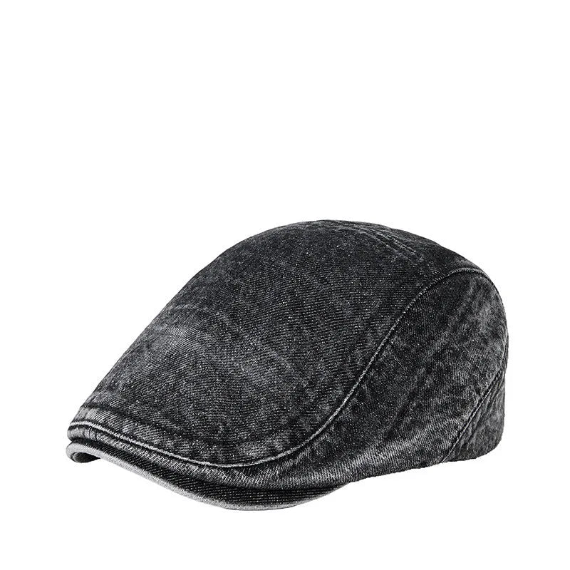 Men's flat top denim cap in wash-treated cotton fabric on a neutral background.
