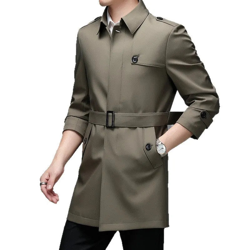 Men's mid-length lapel trench coat in black, shown on a hanger, lightweight chemical fibre blend fabric