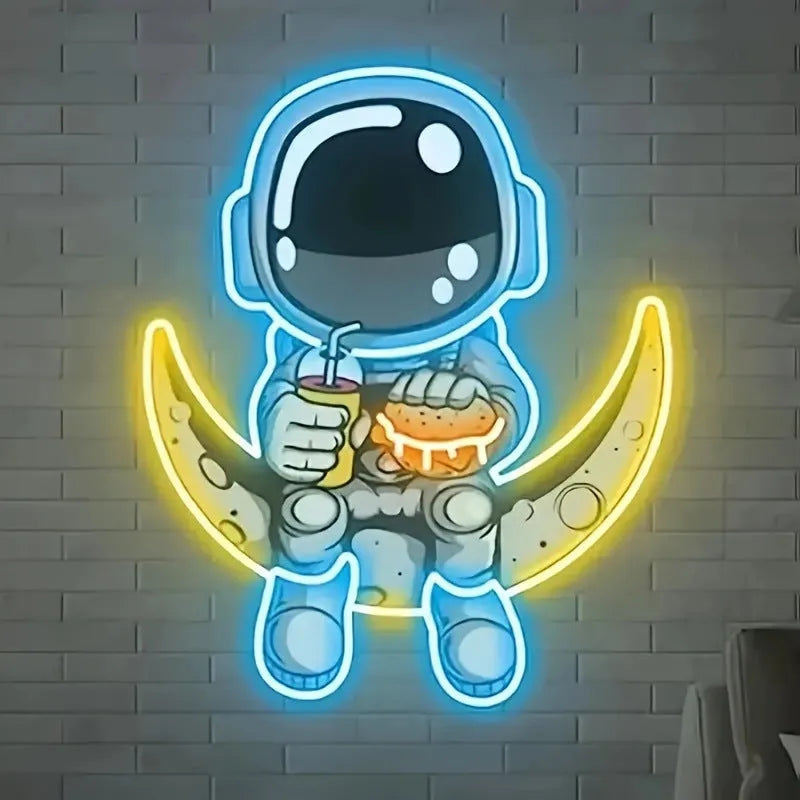 Wall mounted astronaut neon light with moon design measuring 30cm by 35cm