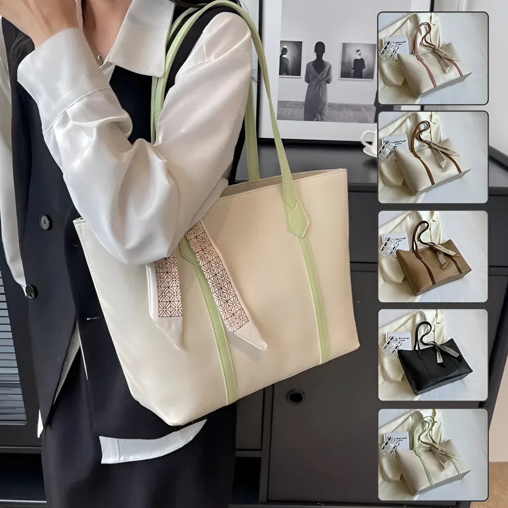 Soft large tote shoulder bag with crossbody strap in multiple colour options including black, khaki, and white with coloured trim