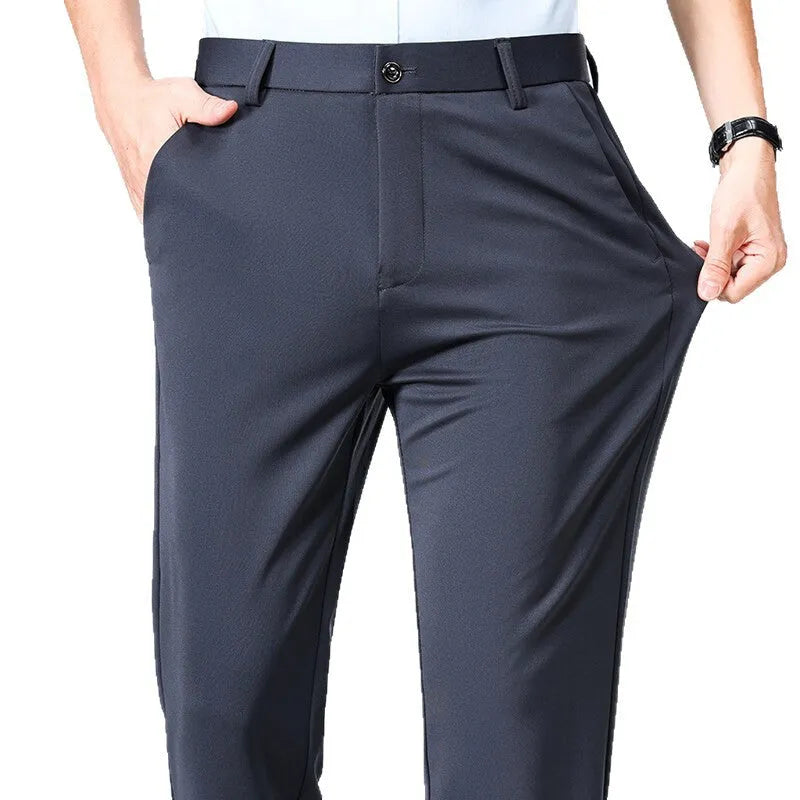 Men's loose fit casual business trousers in black, high elasticity polyester, side view