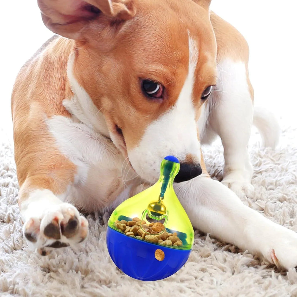 Blue and white tumbler-shaped pet toy for dispensing dog or cat treats during play.