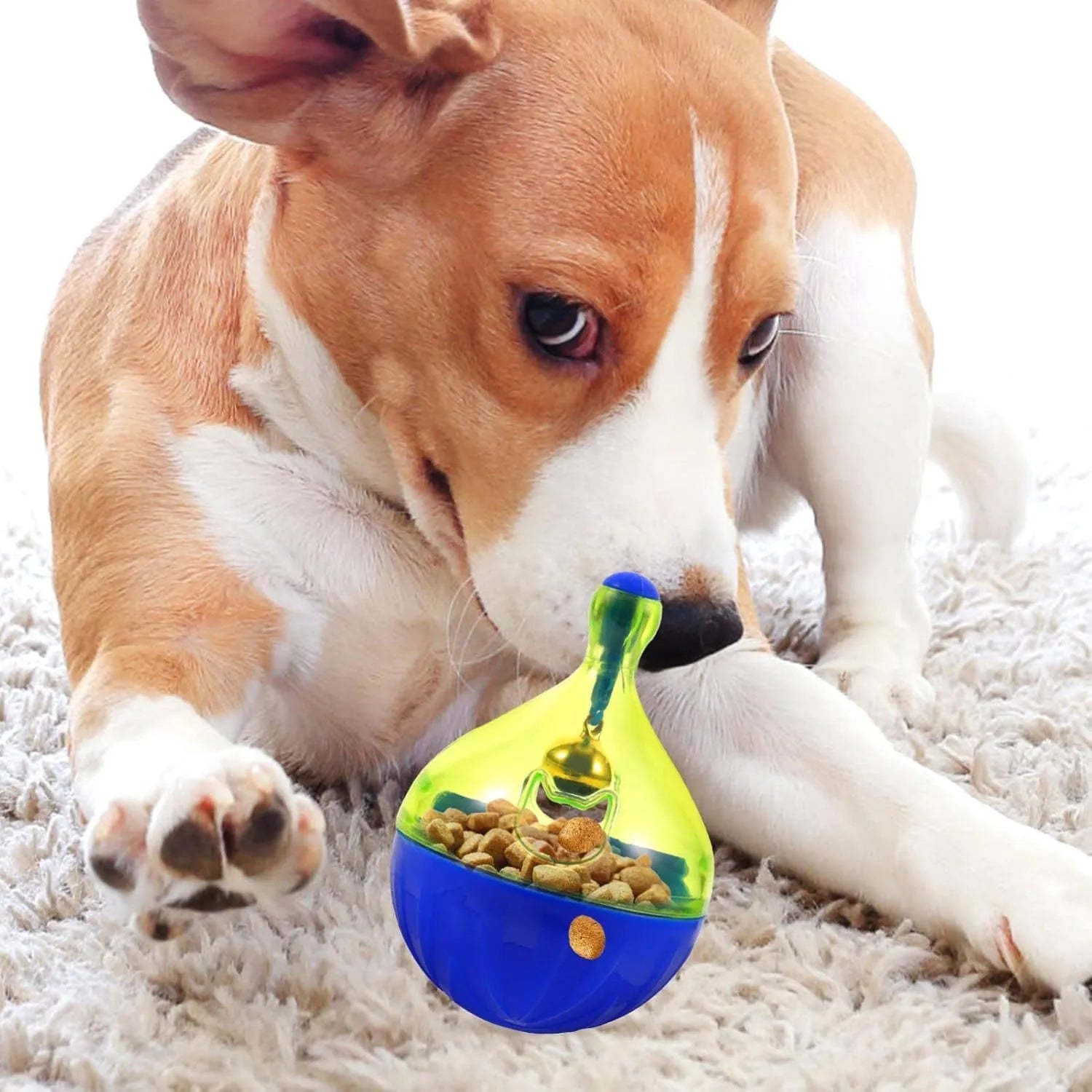 Blue and white tumbler-shaped pet toy for dispensing dog or cat treats during play.