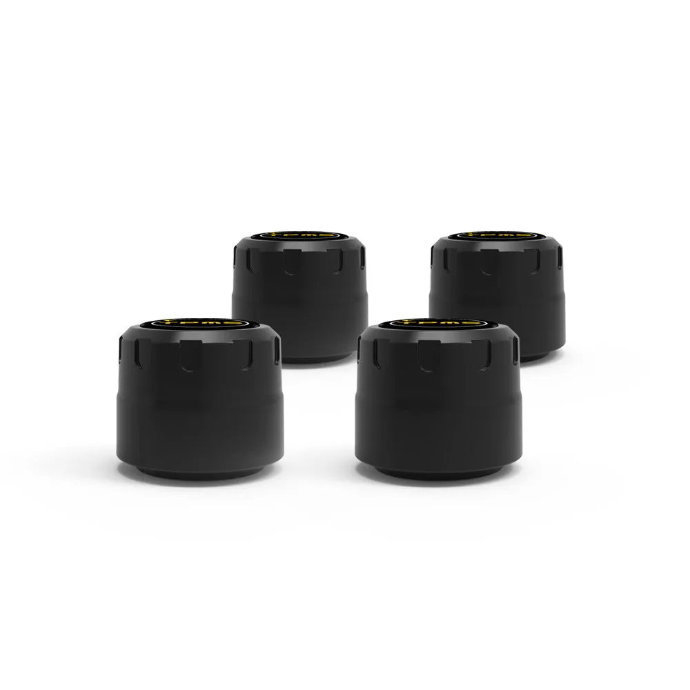 Bluetooth car tyre pressure monitoring system with four black external sensors and installation tools.
