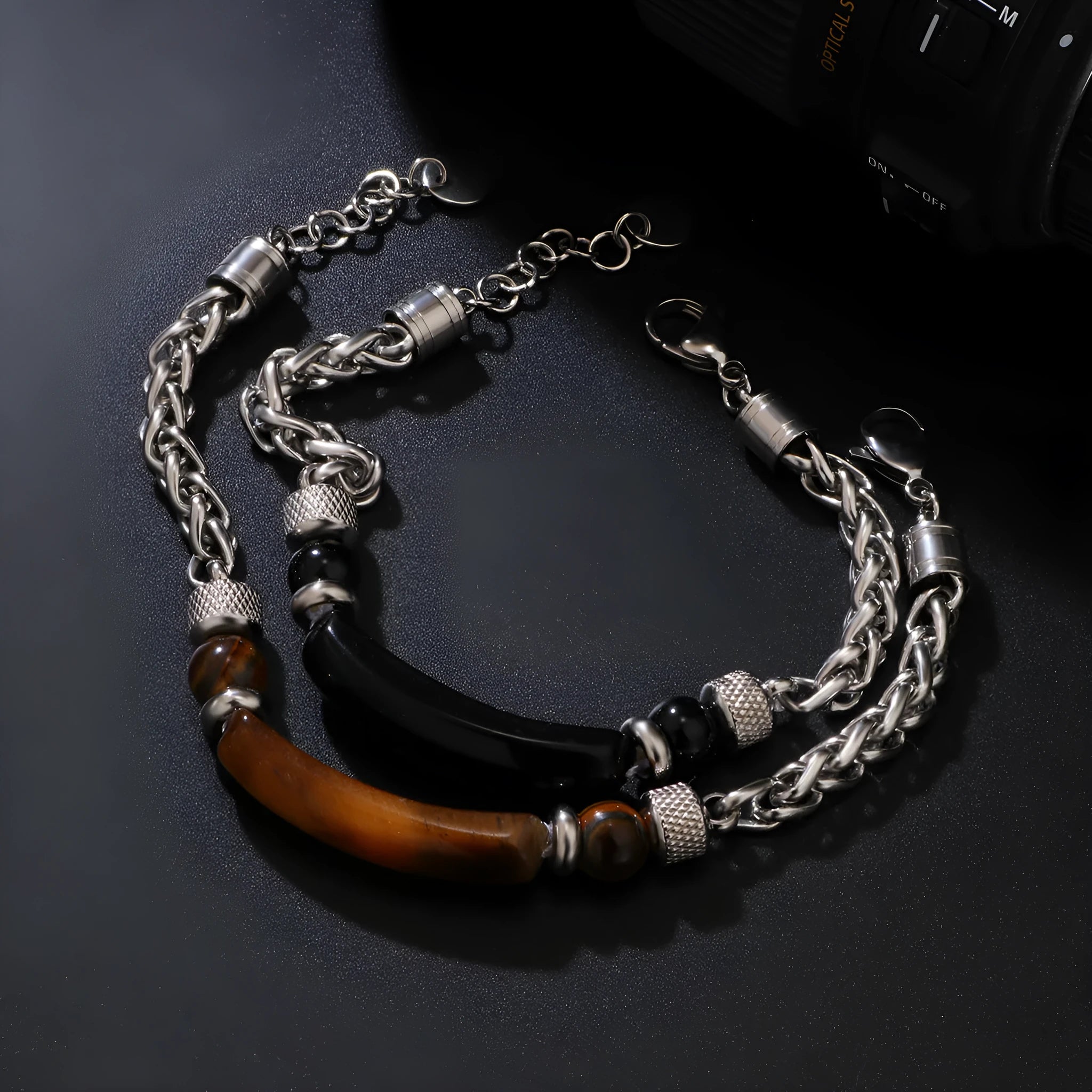 Natural stone bracelet with tiger eye stone black matte beads and colourful natural stone on stainless steel chain 6cm diameter