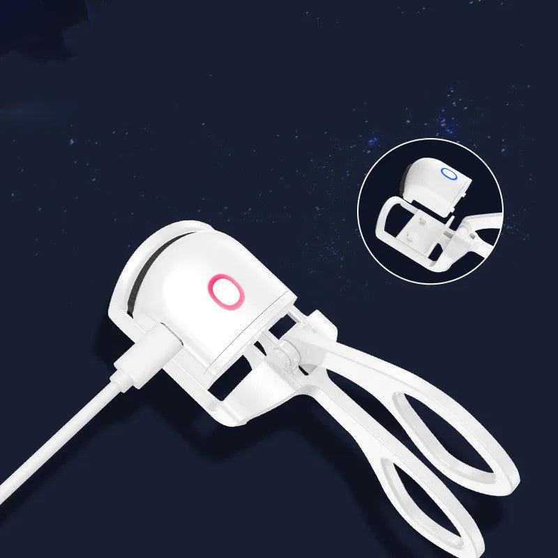 White heated eyelash curler with USB charging cable and two temperature modes, compact 41 x 65 x 130mm size