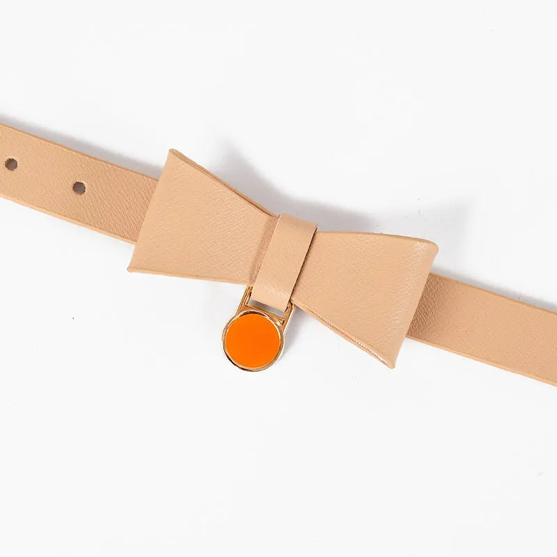 Brown leather cat collar with buckle, shown alongside other colour options: black, apricot, pink, blue, and green.