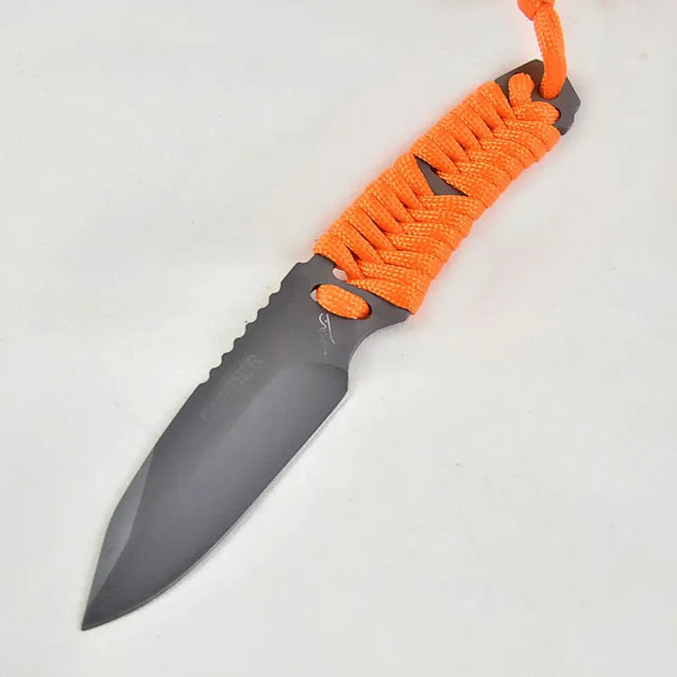 BG197 outdoor camping knife with a straight blade, rope handle, and black ABS plastic sheath.