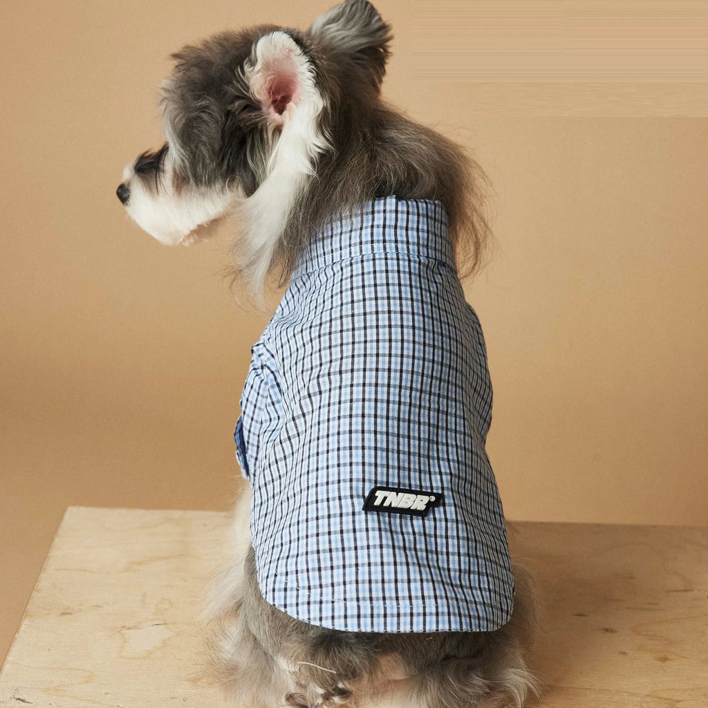Light blue cotton plaid dog shirt for small dogs and cats, available in XS to XXL