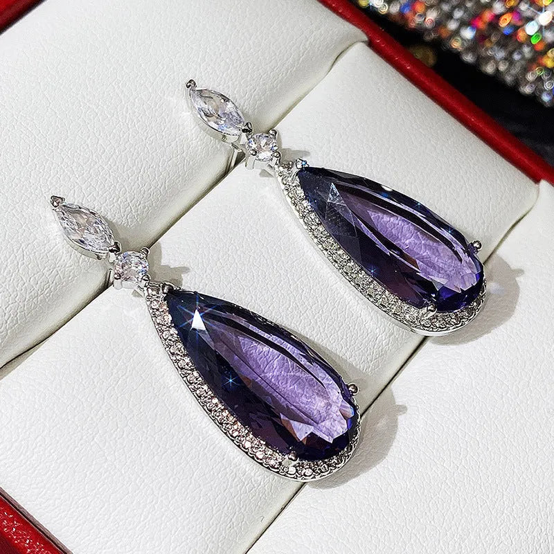 Purple zircon drop earrings with copper base and micro-inlaid design, women's bridal style, one pair.