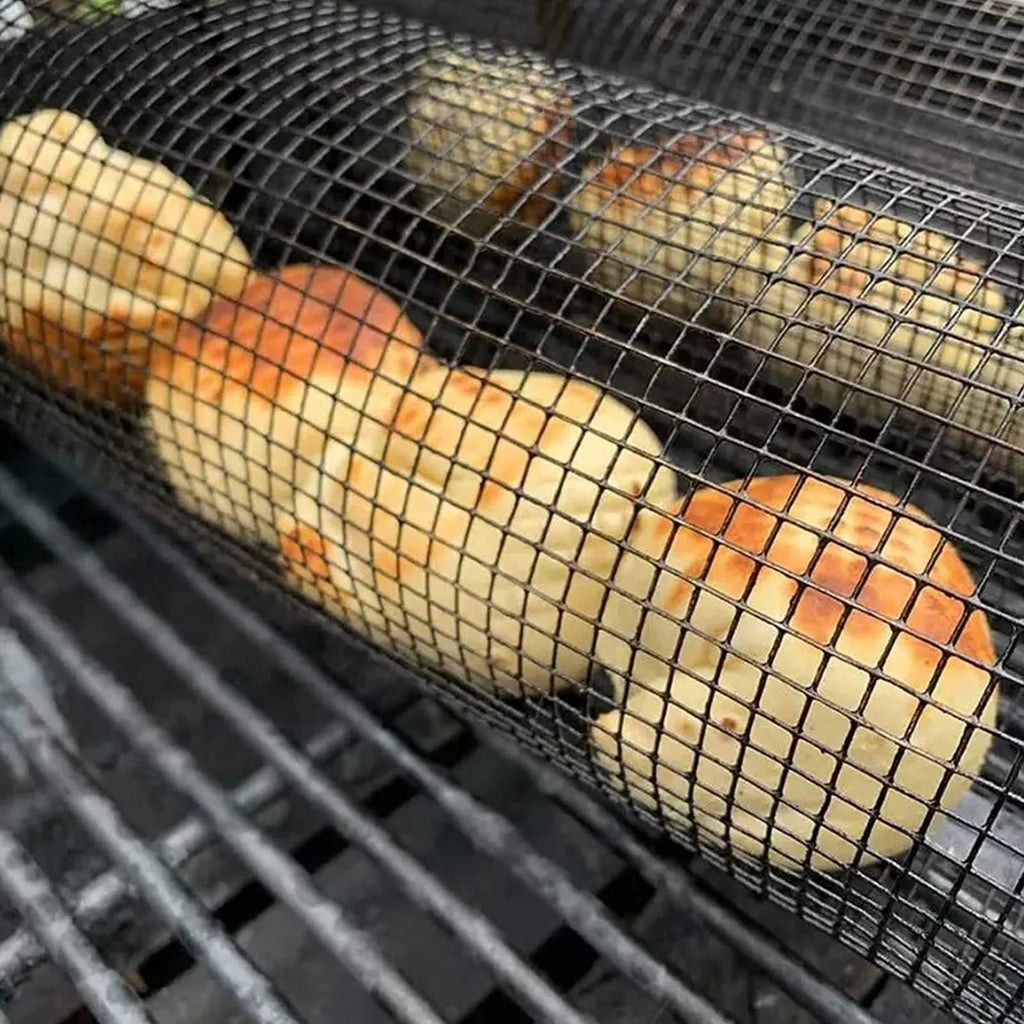 Cylindrical iron wire rolling barbecue grilling basket with a metal hook.