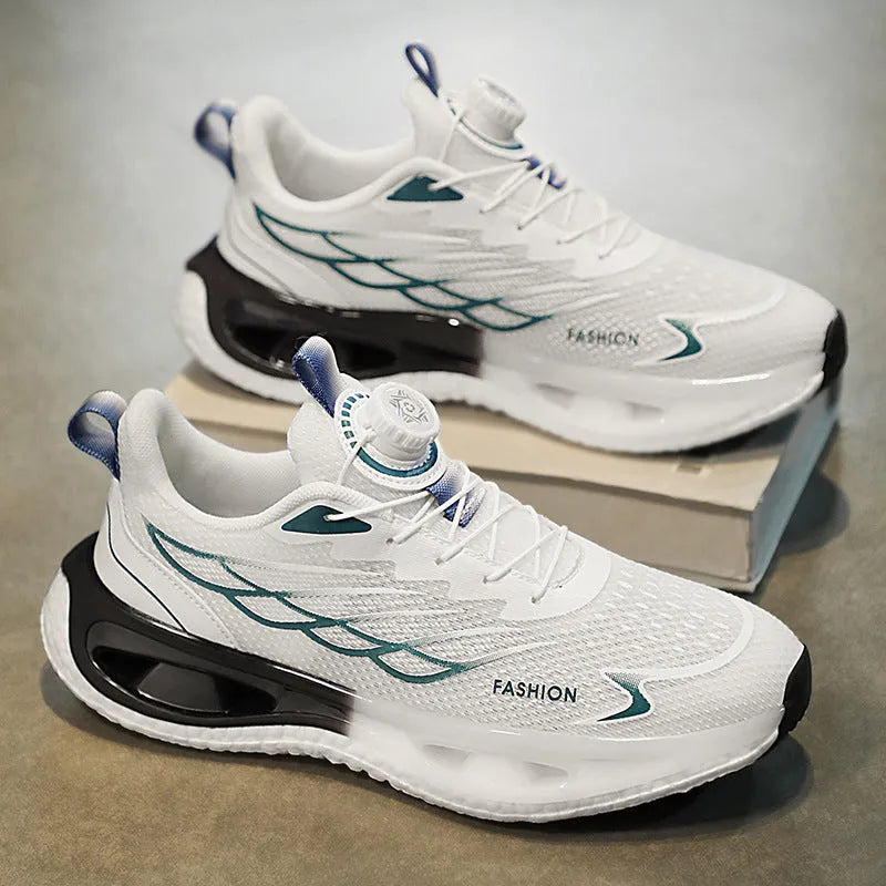 Low-top youth sneaker with rotating button closure in light blue mesh fabric and a non-slip rubber sole.