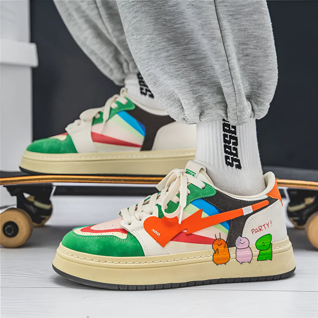 A pair of simple lace-up casual sneakers on a white background, showing the Rainbow colour variant.
