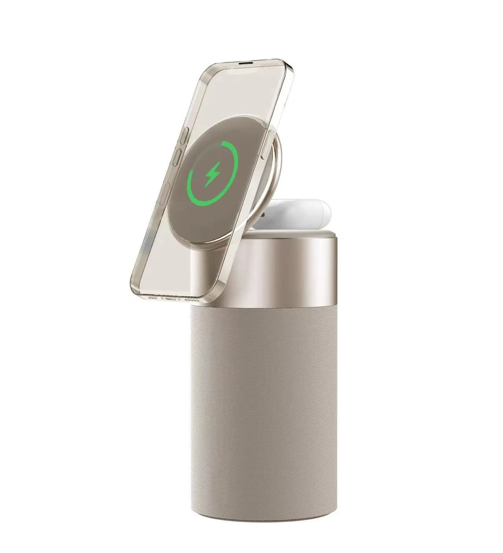 Magnetic wireless charger for earphone and cellphone in beige with button operation, on a desk