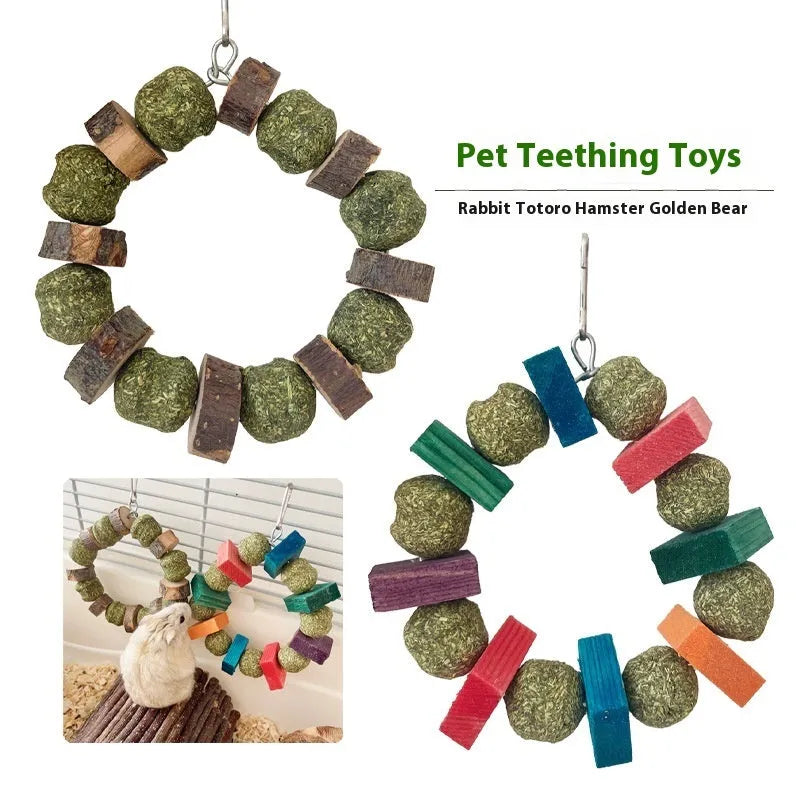Hamster chew toy with decorative straw ball ring and applewood molar rods for small pets