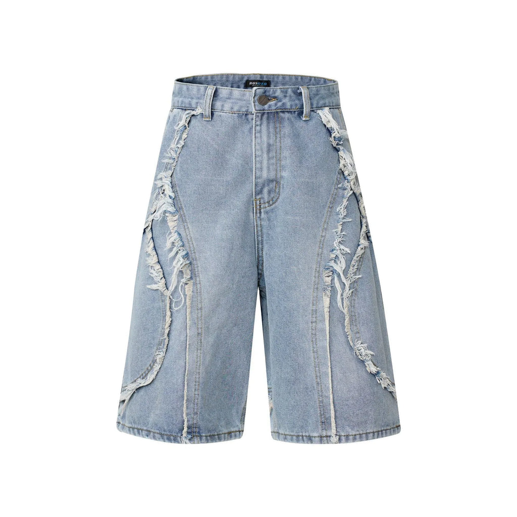 American Pu Shuai distressed straight leg denim shorts in black, shown with raw hem details.