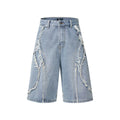 American Pu Shuai distressed straight leg denim shorts in black, shown with raw hem details.