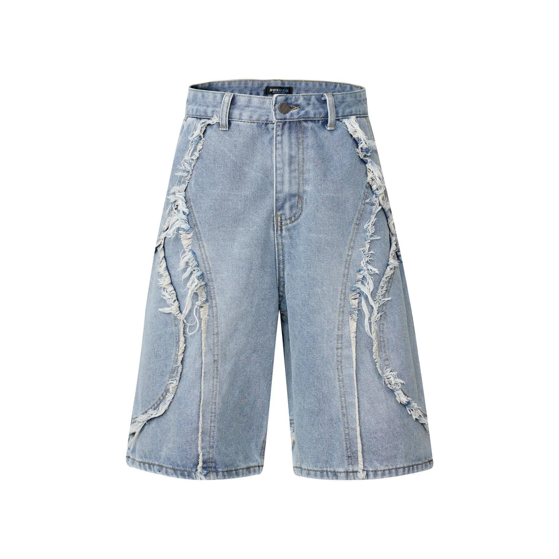 American Pu Shuai distressed straight leg denim shorts in black, shown with raw hem details.