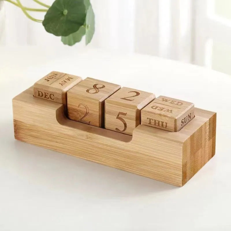 Solid wood minimalist desk calendar planner in natural finish showing day month and date display