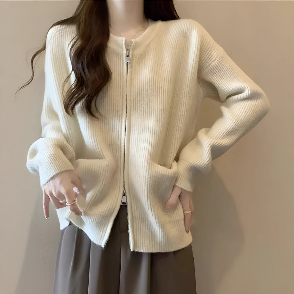 Soft Wind temperature-sensitive viscose fibre sweater coat in beige, long sleeve cardigan style