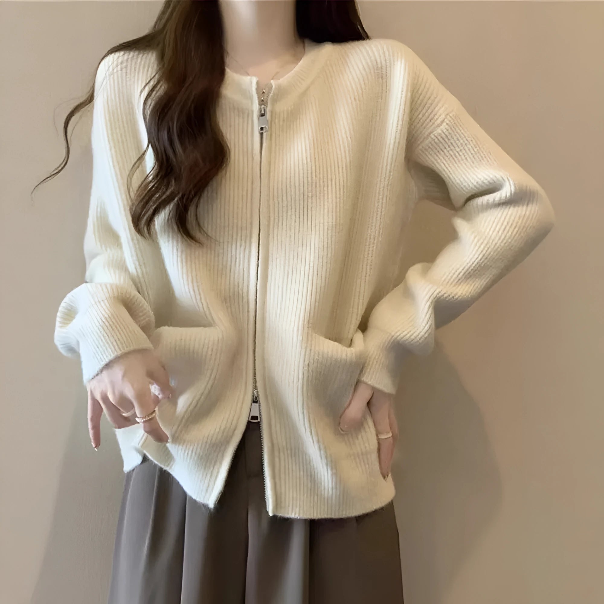 Soft Wind temperature-sensitive viscose fibre sweater coat in beige, long sleeve cardigan style
