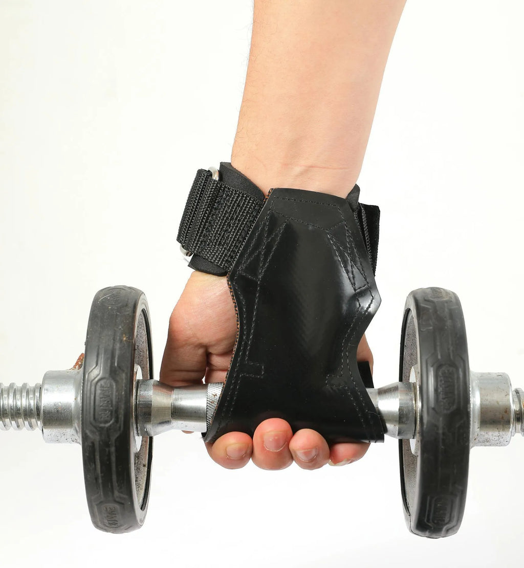 Black rubber non-slip weightlifting palm protection strap for barbell exercises and rock climbing.