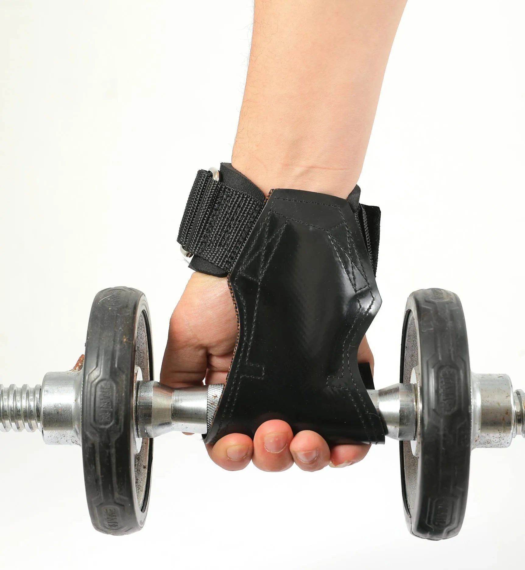 Black rubber non-slip weightlifting palm protection strap for barbell exercises and rock climbing.