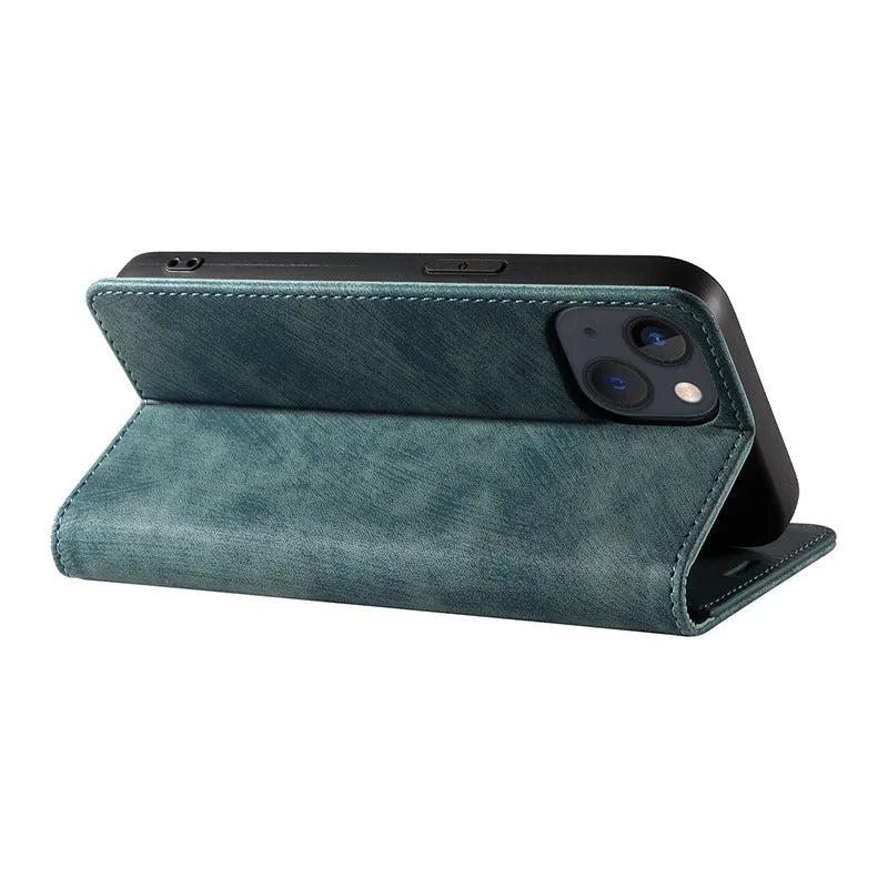 Magnetic flip leather phone case for iPhone in various solid colours, showing front and closed views.