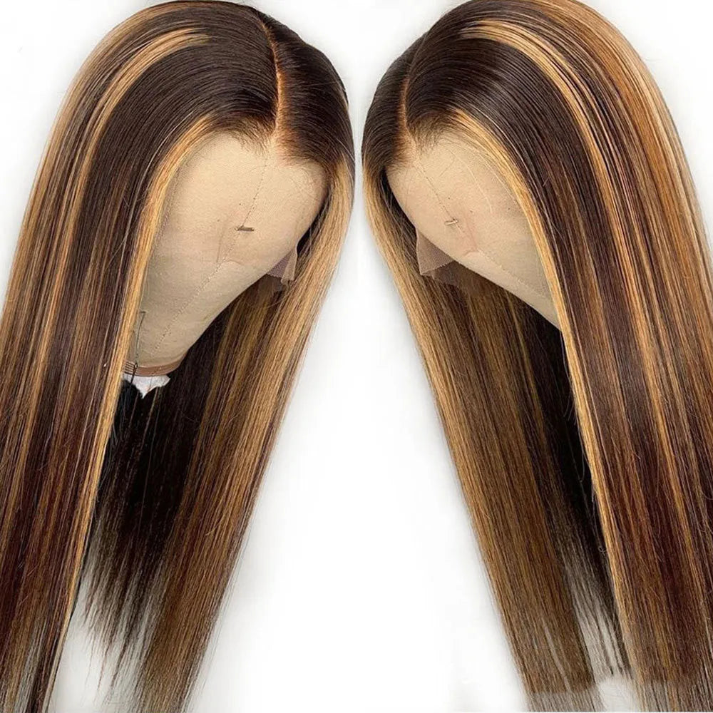 Piano colour real human hair T-shaped headgear with long hair strands on a plain background