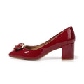 Mid heel round head chunky heel patent leather women's pumps with work buckle in solid colour