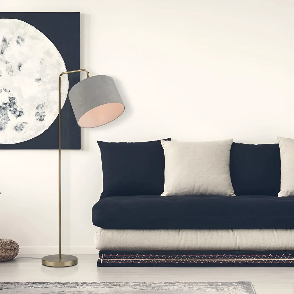 Black fabric shade LED floor lamp with iron body and adjustable head for reading or study use