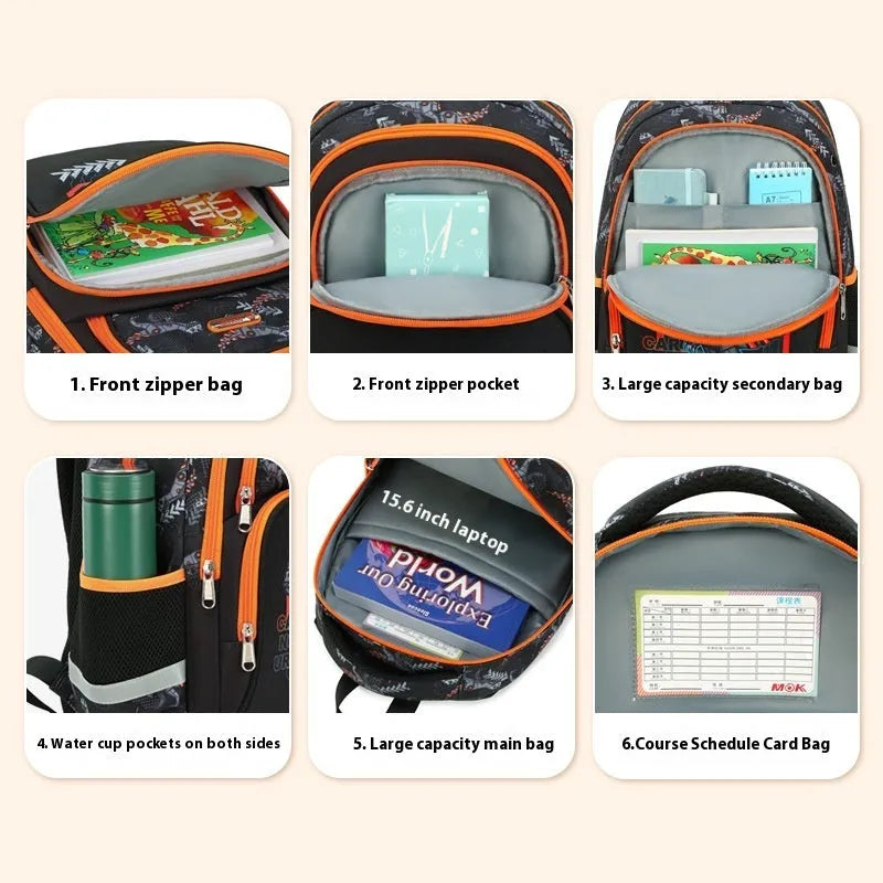 Lightweight Oxford cloth primary school schoolbag with animal pattern and curved shoulder straps, Grades 1-4.