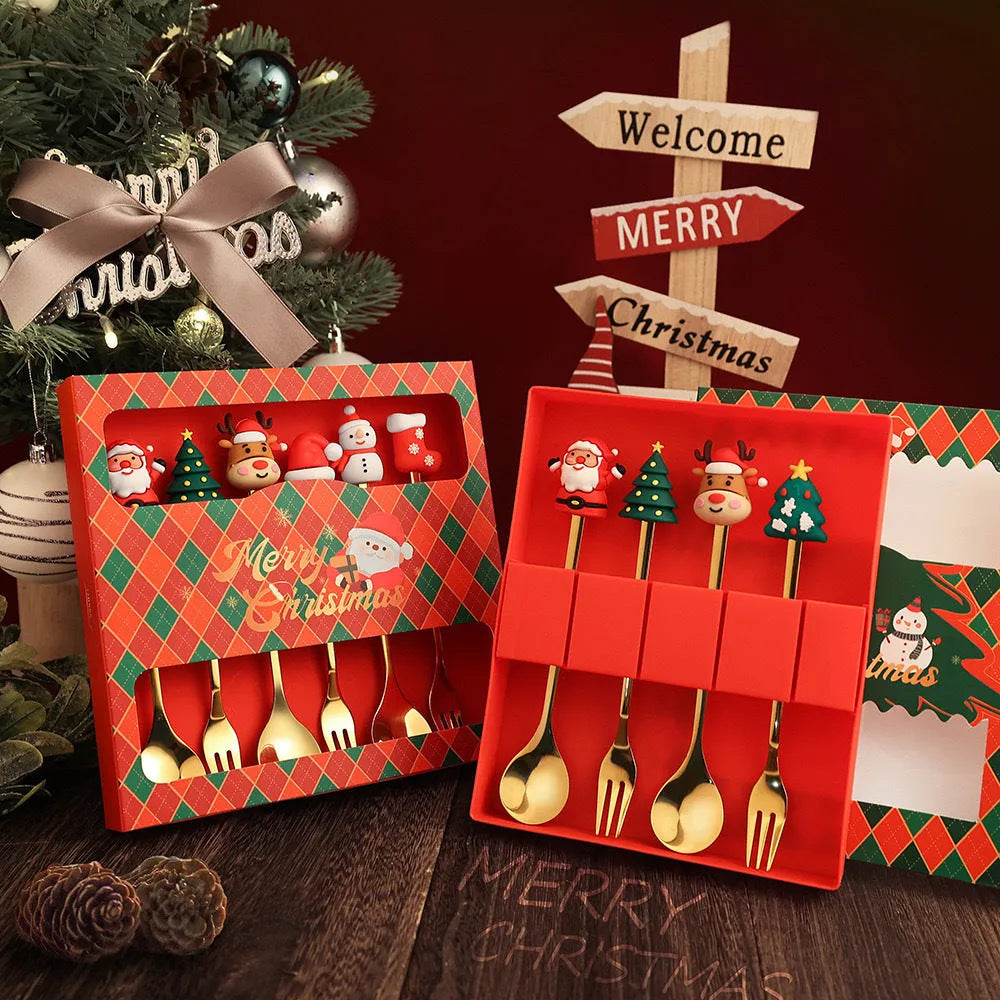 Red stainless steel Christmas spoon and fork set with tree and snowman handle designs