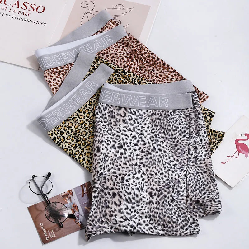 Men's loose leopard print underwear in milk silk polyester fabric showing mid waist design