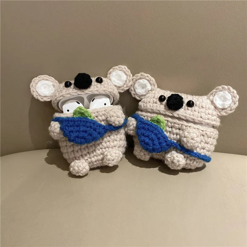 Hand-knitted koala bear backpack design protective cover for Apple AirPods charging case.