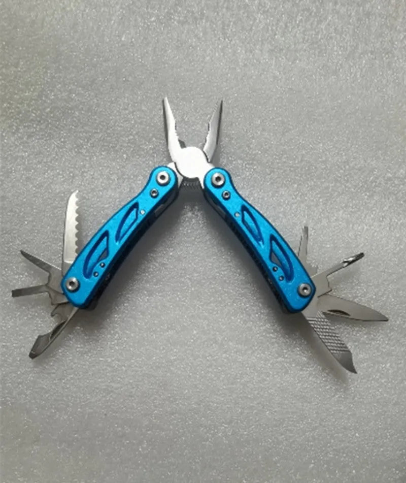 Blue stainless steel folding multi-function pliers with fruit knife and Oxford storage bag
