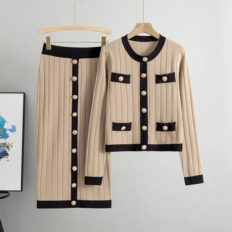 Women's viscose fibre knitted cardigan and skirt two-piece set in black with contrast colour pattern