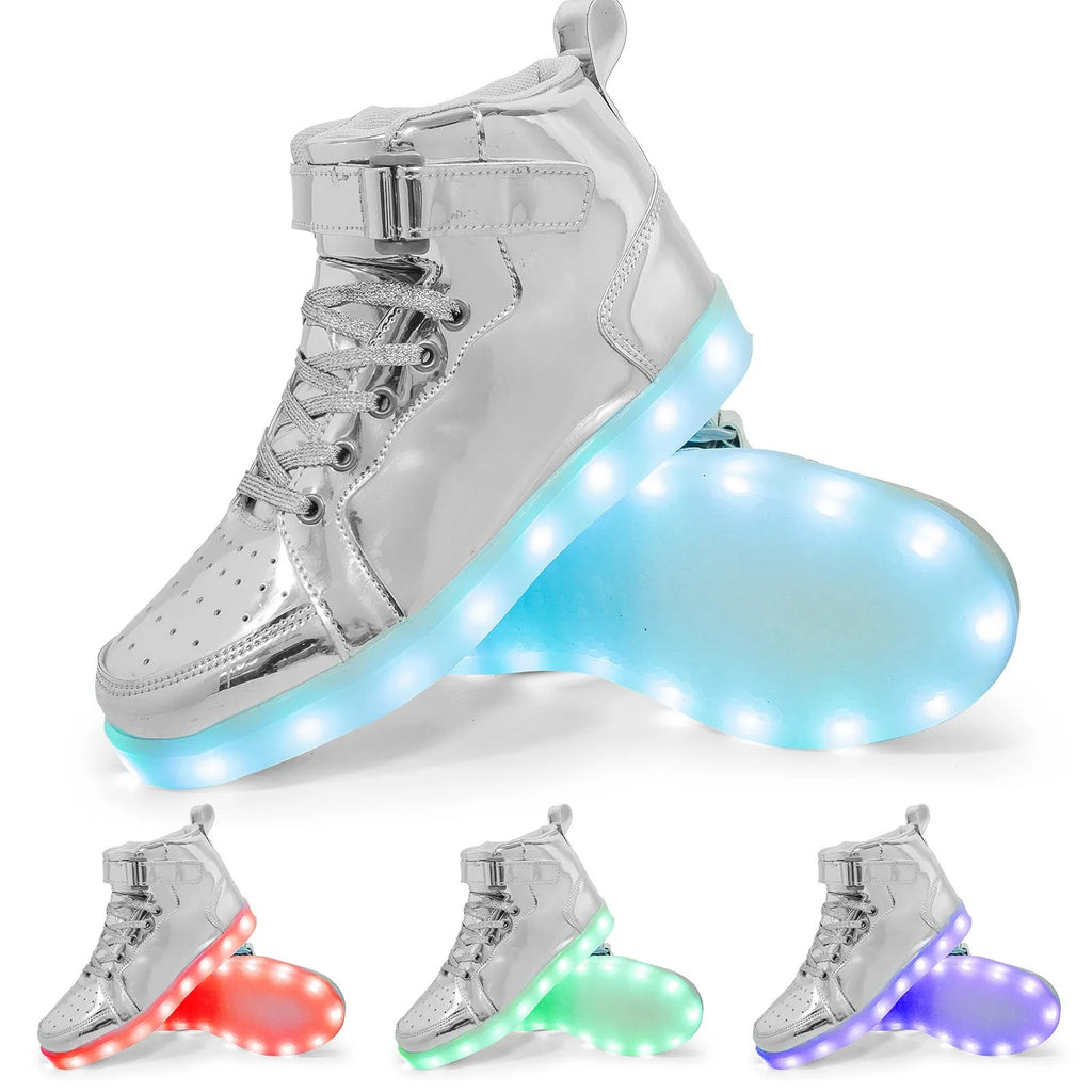 Unisex black LED high-top light shoes with Velcro strap and glowing sole.