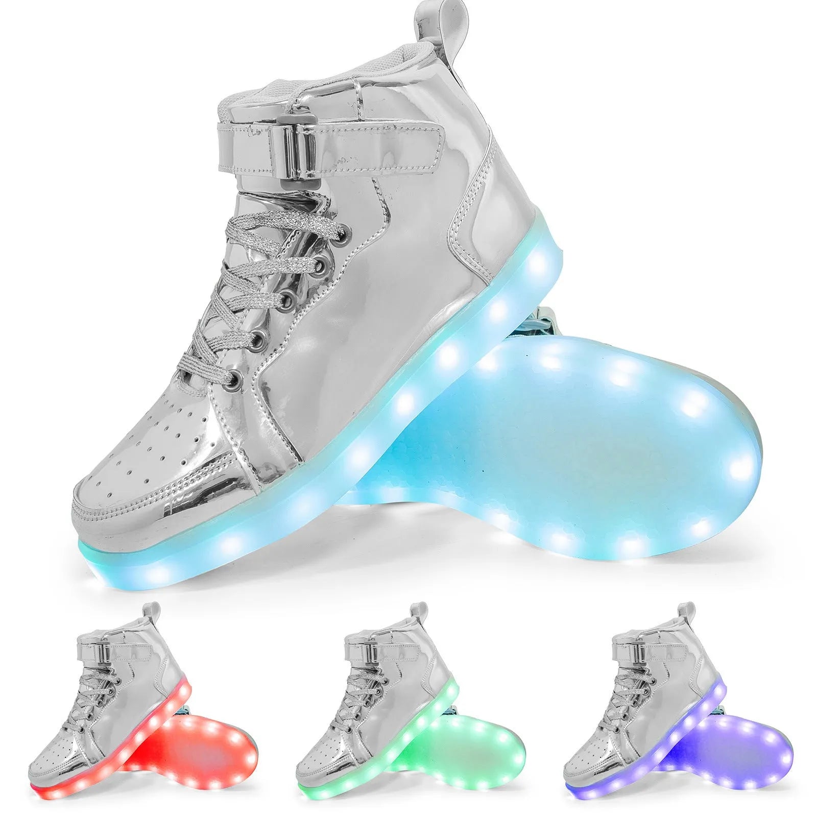 Unisex black LED high-top light shoes with Velcro strap and glowing sole.