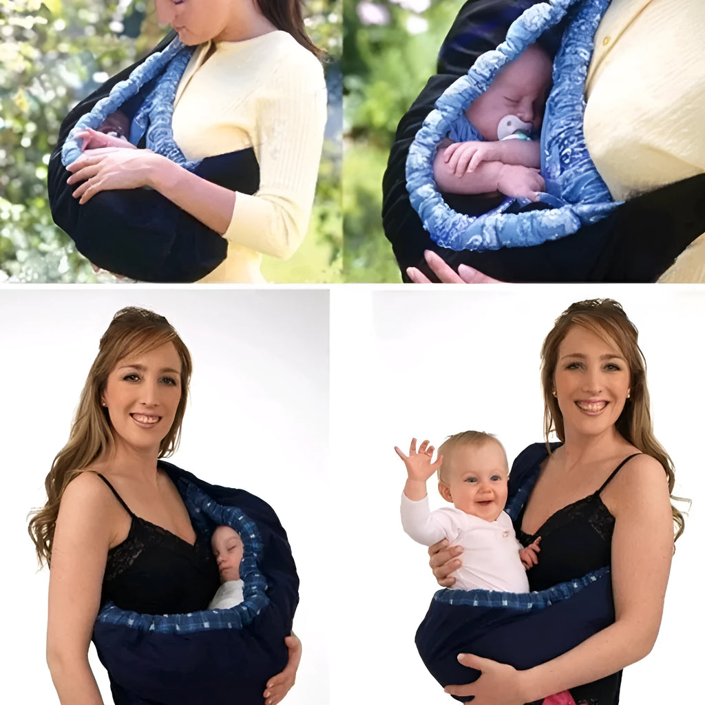 One-shoulder cross-arm baby carrier sling for newborns in a patterned fabric.