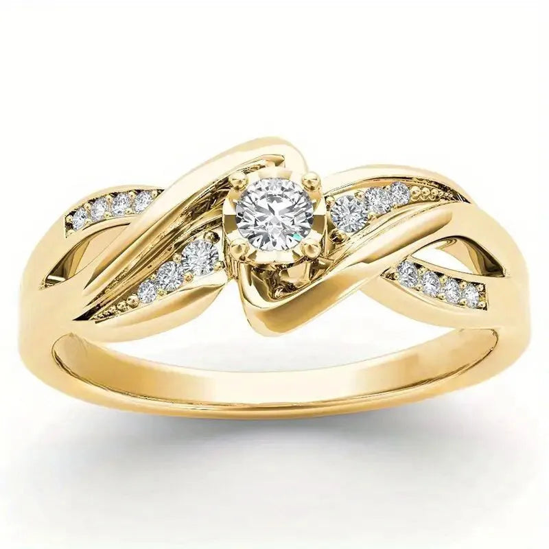 Women's copper cross ring with inlaid zircon stones in yellow gold colour