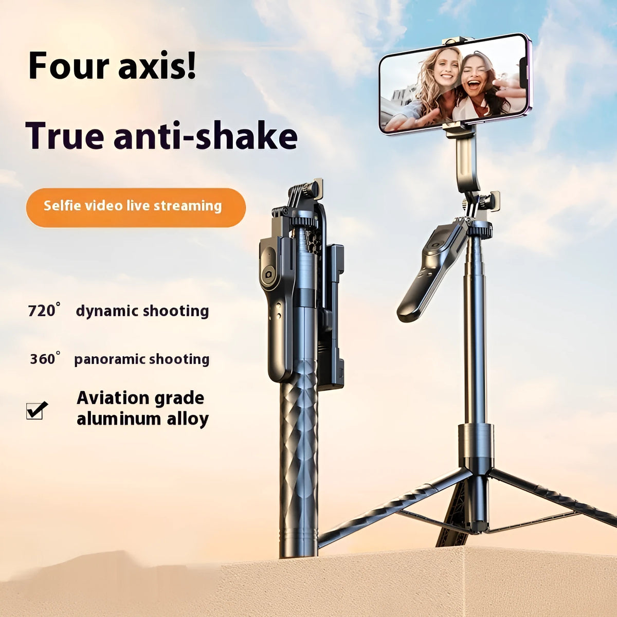 Bluetooth selfie stick floor stand with aluminium tube, phone holder, and remote on tripod base