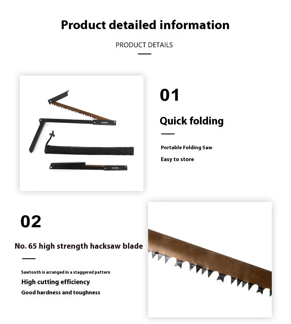 Black foldable outdoor survival saw with aluminium alloy frame and nylon handle.