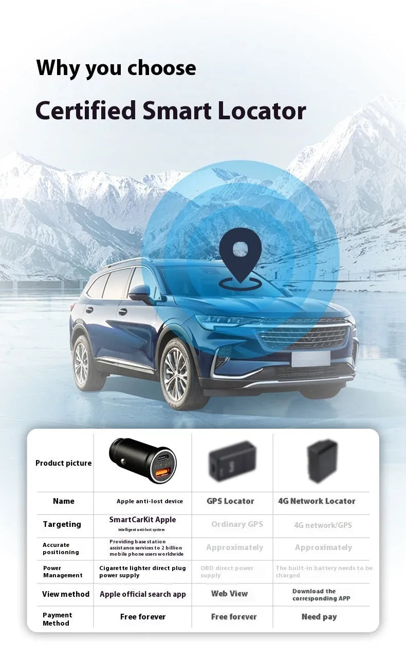 Black car GPS locator device plugged into a vehicle's 12V power socket for tracking.