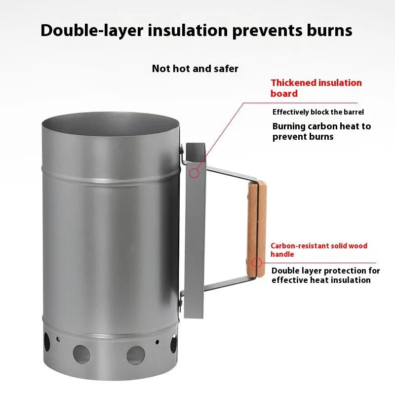 Zinc-iron alloy charcoal fire starter igniter with point carbon barrel design for outdoor barbecues.