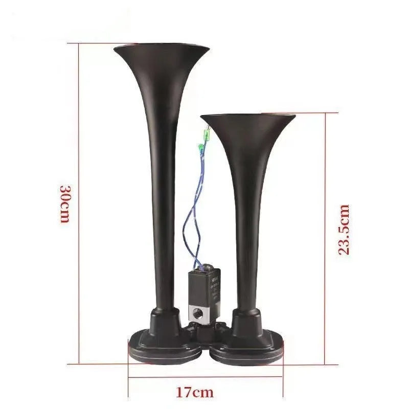 Black dual trumpet 300DB super loud air horn kit for 12V and 24V vehicles