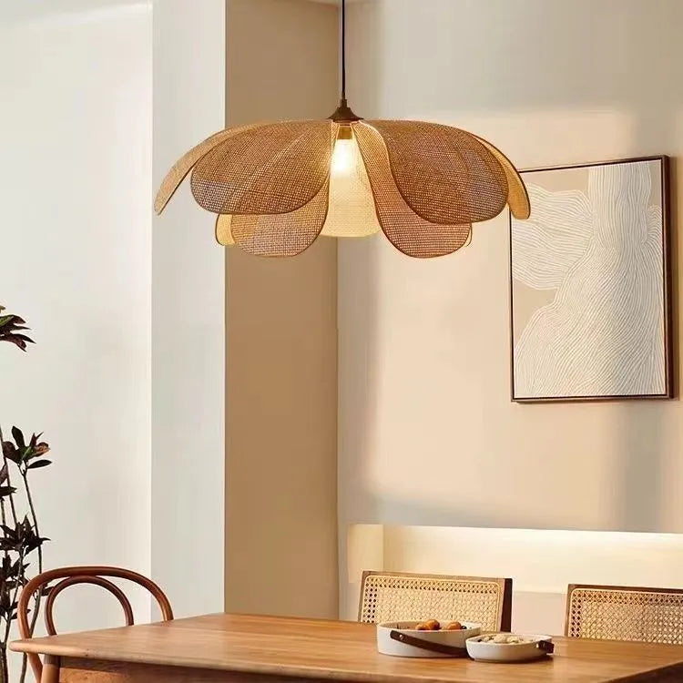 Handmade rattan petal chandelier bamboo ceiling light 80cm diameter natural finish