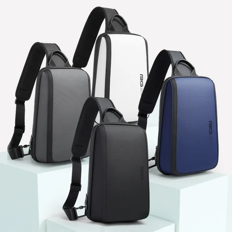 Blue Oxford cloth men's chest bag with double shoulder straps on a mannequin.