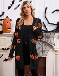 Women's black Halloween cardigan with orange pumpkin head jacquard knit pattern