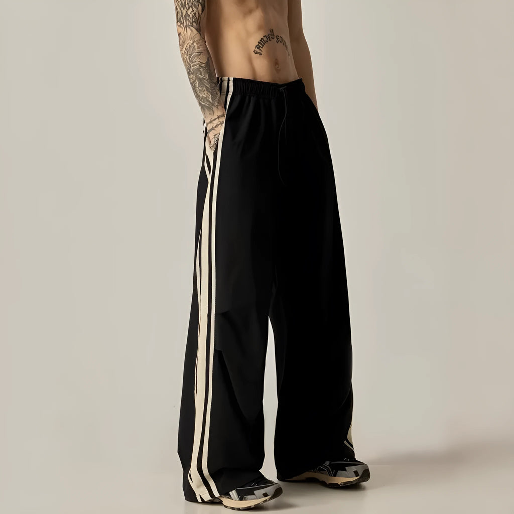 Black wide leg climbing trousers for men with straight-leg style and high waist design